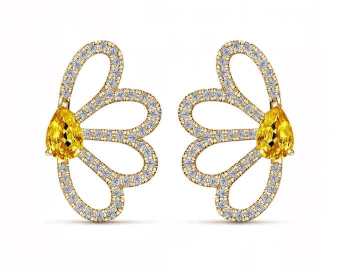 Featured listing image: Nature Inspired Earrings | Pear Yellow Lab Sapphire & Lab-Grown Diamond | Floral Statement Jewelry | 14K 18K Yellow Gold | Fuego Jewels