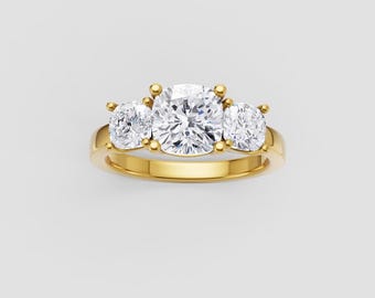 Three Stone Moissanite Ring | 1ct Round Center + Sides | Cushion Band | Yellow Gold Elegant Trio | Fuego Jewels