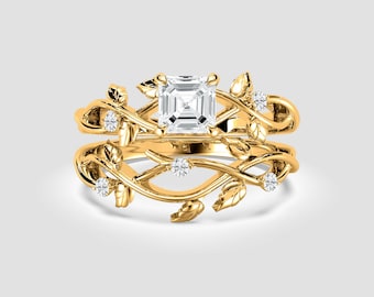 2 Ct Asscher-Cut Lab-Grown Diamond Twig Ring Set – Nature Leaf Design Bridal | DEF / VVS1-2 | 14K Yellow Gold | Fuego Jewels