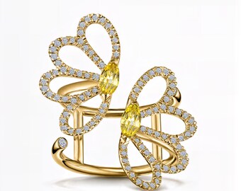 Nature-Inspired Marquise Yellow Sapphire Butterfly Ring with Lab Diamonds | 14K 18K Yellow Gold |  E–F Color / VS1–2 Clarity | Fuego Jewels