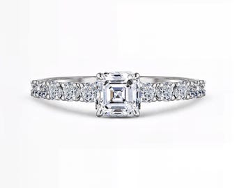 Asscher Lab Diamond Engagement Ring | 1.00 Ct IGI Certified | Pavé Band | E–F VS1–2 | Silver, Gold, Platinum | Fuego Jewels