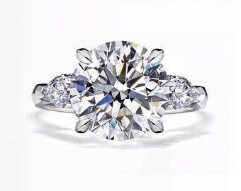 5 Carat Round Lab Diamond Ring with Pear Side Stones | IGI Certified | E-F Color / VS1–2 Clarity | Platinum, Gold, Silver | Fuego Jewels