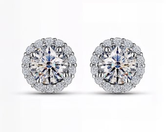Round Halo Lab-Grown Diamond Stud Earrings | D–E Color / VVS1–2 Clarity| Silver, 10K 14K 18K Yellow White Rose Gold & Platinum| Fuego Jewels