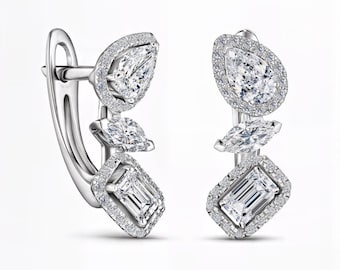 Pear Marquise Emerald Cut Lab-Grown Diamond Drop Earrings | DEF VVS1-2 | Lever Back Lock | Custom Silver Gold Platinum | Fuego Jewels