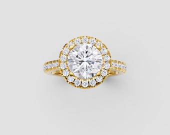 1 Ct Round Moissanite Yellow Gold Halo Ring with Pavé Band Sparkle | Fuego Jewels