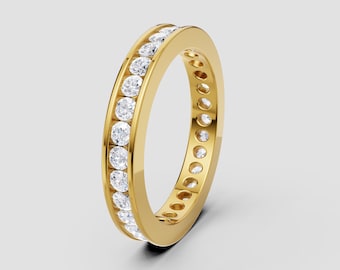 Round Cut Moissanite Channel Set Band | DEF Color VVS1-2 Clarity | 925 Silver, 10K, 14K, 18K, Platinum | Yellow Gold Look | Fuego Jewels