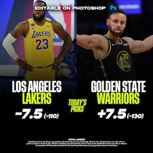 May include: A graphic with a yellow and purple background featuring two basketball players, LeBron James of the Los Angeles Lakers and Stephen Curry of the Golden State Warriors. The graphic includes the team names, point spreads, and the text "Today's Picks".