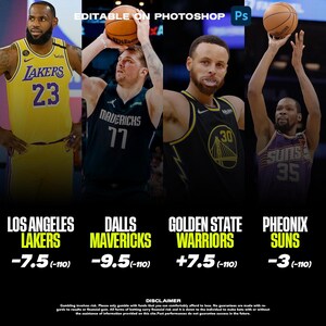 May include: A graphic showing the point spreads for four NBA teams: Los Angeles Lakers -7.5, Dallas Mavericks -9.5, Golden State Warriors +7.5, and Phoenix Suns -3.  The graphic features photos of LeBron James, Luka Doncic, Steph Curry, and Kevin Durant.