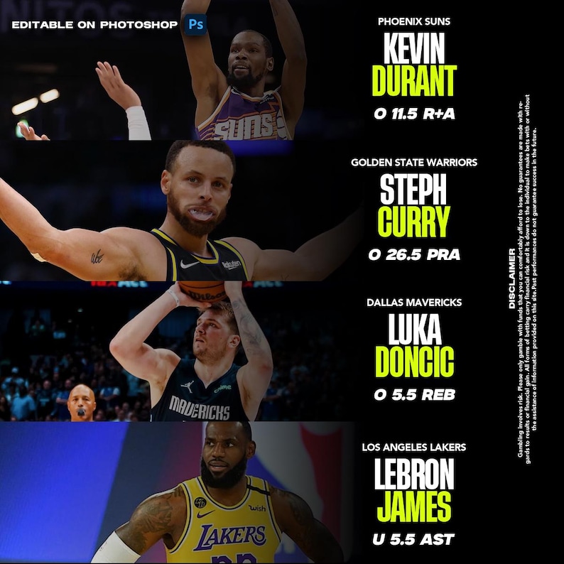 May include: A graphic with four NBA players, Kevin Durant, Steph Curry, Luka Doncic, and LeBron James. Each player is shown in their team uniform and has their name, team, and a statistic listed below them. The graphic has a black background with yellow and green text.