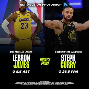 May include: A graphic comparing NBA players LeBron James and Steph Curry. LeBron James is wearing a yellow and purple Los Angeles Lakers jersey with the number 23. Steph Curry is wearing a black and yellow Golden State Warriors jersey with the number 30. The graphic includes the text "TODAY'S PICKS" and a disclaimer about gambling.