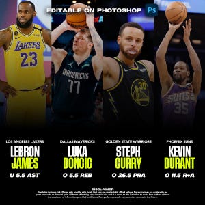 May include: A collage of four NBA players: LeBron James of the Los Angeles Lakers, Luka Doncic of the Dallas Mavericks, Steph Curry of the Golden State Warriors, and Kevin Durant of the Phoenix Suns. Each player is shown in their team uniform and holding a basketball.