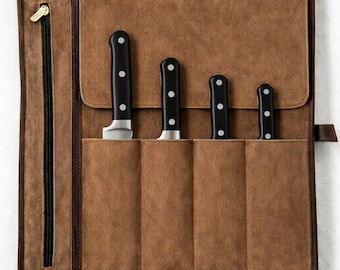 Personalized Leather Chef Knife Roll – Full-Grain 4-Slot & Zipper Pocket Travel Case