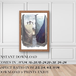 Puede incluir: Una impresión enmarcada que presenta una escena religiosa con tres cruces en la cima de una colina, con tela drapeada a ambos lados. La obra de arte tiene una estética vintage, con texto en la parte superior. El marco es de color marrón cálido.