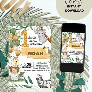 Modello di invito di compleanno safari modificabile - Download immediato su Corjl, invito di compleanno safari, festa safari, invito - PIÙ decorazioni per torte