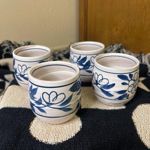 Set of Four Blue and Cream Floral Japanese Tea Cups - Hand-Painted Ceramic Teacups, Vintage Asian Pottery, Rustic Cottagecore Decor