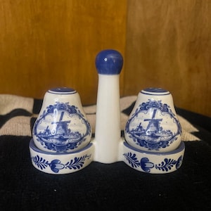 Blue and White Delft Chinoiserie Salt and Pepper Shakers with Windmill design and Stand Included