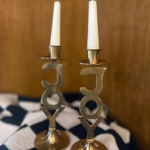 Pair of Solid Brass "JOY" Christmas Holiday Taper Candle Holders – 7.5 Inches Tall