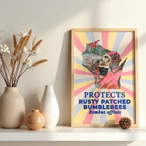 May include: A framed print with a colourful design. The print features a bee inside a map of Africa, with text that reads "PROTECTS RUSTY PATCHED BUMBLEBEES Bombus affinis." The background has pink, yellow, and blue rays.
