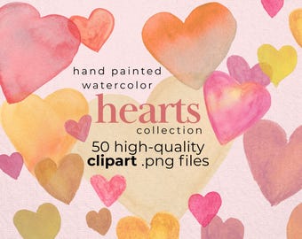 Aquarell Herzen Clipart Bundle 50 handgemalte einzigartige & bunte Valentinstag PNG digitaler Download