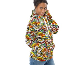 Comics Books Superhero Print Pullover Hoodie, DC Superhero AOP Winter Cozy Hoodie with Pockets, Comics Lovers Fashion Hoodie, Plus Size