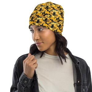 Yellow Camouflage Printed Beanie Hat, All Over Print Camo Beanie, Casual Streetwear Winter Cozy Beanie, Warm Headwear, Comfy Unisex Beanie