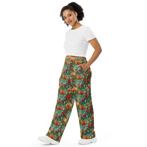 Stained Glass Flowers Print PJ Pants, Aesthetic Floral AOP Loungewear Wide Leg Pants with Pockets, Hippie Pants, Loose Rave Pants, Unisex