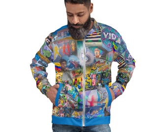 May include: A blue bomber jacket with a colorful, multi-layered design featuring images, text, and patterns. The jacket has a zipper closure and two pockets.