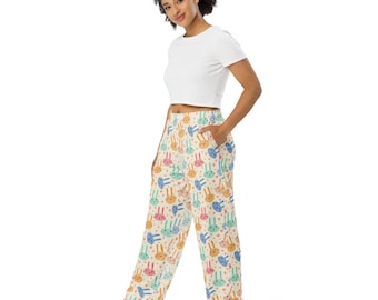 Bunny Rabbits Printed Wide Leg Pants, AOP Streetwear PJ Pajama Pants with Pockets, Lounge and sleepwear, Palazzo Pants, Rabbits Lovers Gift