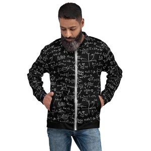 May include: A black zippered jacket with a white print of mathematical equations and formulas. The jacket has a hood and two pockets.