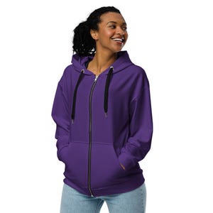 Solid Purple Zipper Hoodie, Aesthetic Streetwear Hoodies, Cozy Winter Loungewear Hoodie, Trendy Zip-Up Hoodie with Pockets, Plus Size