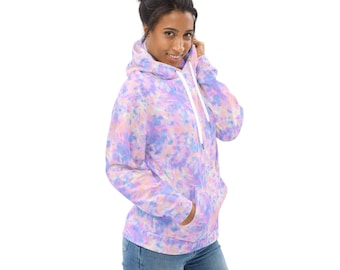 Pastel Tie Dye Swirls Printed Pullover Hoodie, AOP Streetwear Hoodies, Cozy Winter Loungewear Hoodie, Trendy Designer Hoodie with Pockets