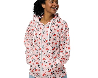Panda Bears Animal Hearts Print Zipper Hoodie, Panda Bear Lovers Gift, Streetwear Fashion Zip-Up Hoodie, Cozy Hoodie with Pockets, Unisex