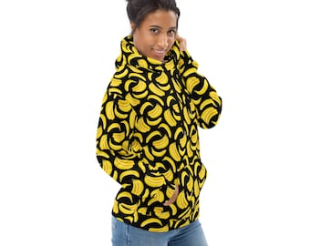 Bananas Fruit Print Pullover Hoodie, Aesthetic College Hoodie with Pockets, Banana Lovers, Streetwear Fashion, Vegan Loungewear, Plus Size