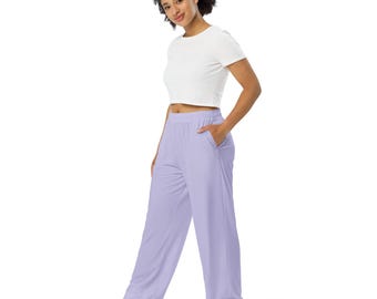 Solid Pastel Purple Wide Leg Pants with Pockets, Streetwear Loungewear Soft Comfy PJ Pajama Pants, Trendy Summer Beach Pants, Unisex