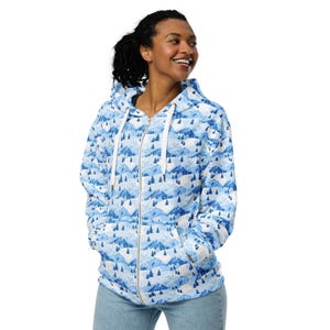 Winter Wonderland Christmas Printed Zipper Hoodie, Holiday Festival Hoodie with Pockets, Cozy Winter Festive Zip-Up Hoodies, Plus Size