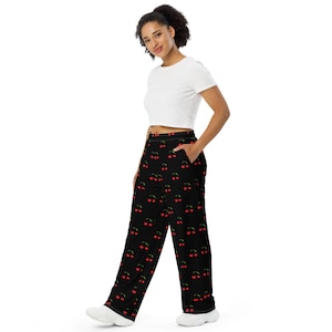 Cherries Fruit Print Wide Leg Pants, All Over Print Streetwear Loungewear PJs Pants, Soft Comfy Pajama, Cherry Lover Gifts, Lounge Pants