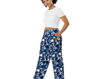 Blue Camouflage Printed Wide Leg Pants, AOP Camo Military Streetwear PJ Pants with Pockets, Lounge and Sleepwear, Palazzo Pants, Unisex