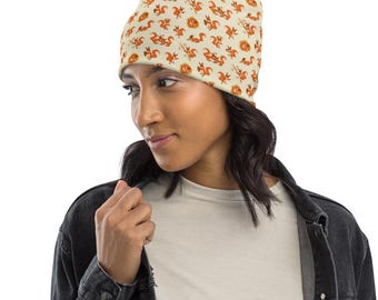 Squirrel Animal Printed Beanie Hat, Comfortable Soft Beanie, Designer Beanie Cap, Cute Fashion Winter Unisex Beanie, Squirrel Lover Gift
