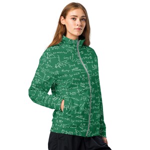 May include: A green jacket with a white print of mathematical equations and formulas. The jacket has a zipper closure and two pockets.