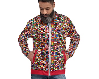 World Flags Printed Bomber Jacket, Traveler Zip-Up Jacket, Map of World, Classic Streetwear Fashion Jacket with Pockets, Travel Gift, Unisex