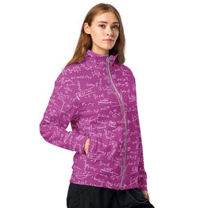 May include: A pink zippered jacket with a white mathematical formula pattern. The jacket has a stand-up collar and two pockets.