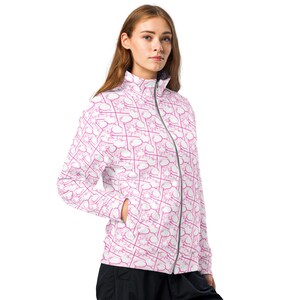 May include: A white jacket with a pink and white geometric pattern. The jacket has a zipper closure and a stand-up collar.