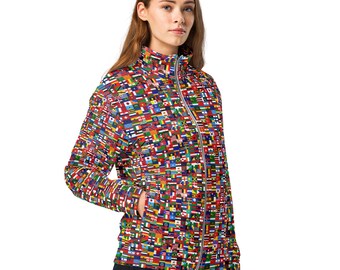 World Flags Printed Track Jacket, Western Traveler Zip-Up Jacket, Map of World, Streetwear Fashion Running Jacket with Pockets, Unisex