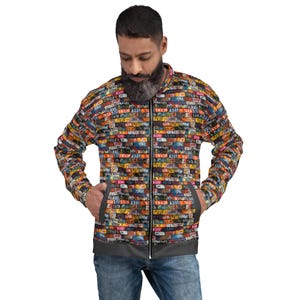License Plates Graffiti Bomber Jacket, Classic Fashion Streetwear Jacket, Urban Streetwear Art Zipper Jacket with Pockets, Graffiti Apparel