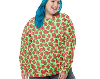 Watermelon Fruit Printed Sweatshirt, Fall Winter Crewneck Sweatshirt, Trendy Streetwear Pullover Cozy Shirt, Watermelon Lovers, Unisex
