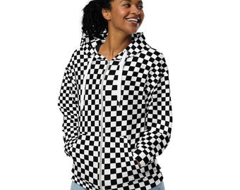 Black And White Checkered Zipper Hoodie, All Over Print Streetwear Hoodies, Cozy Winter Loungewear Hoodie, Trendy Zip-Up Hoodie with Pockets