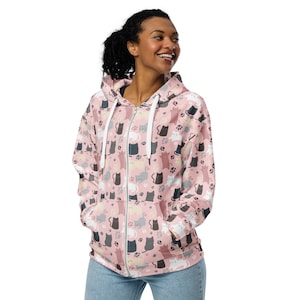 Kitty Cats Printed Zipper Hoodie, Cat Mom Dad Hoodie, All over Print Cats Zip-Up Hoodie with Pockets, Cat Themed Gifts, Cat Lovers Gift