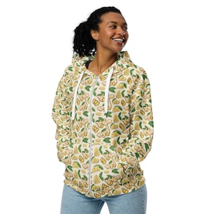 Ginger Roots Food Printed Zipper Hoodie, Vegan AOP Streetwear Fashion Zip-Up Hoodie with Pockets, Rave Wear, Loungewear Hoodies, Plus Size