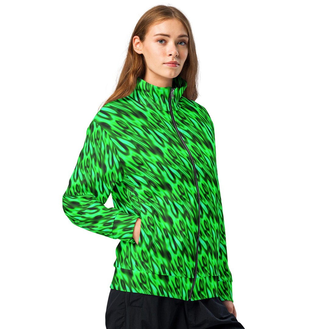 Fire Pattern Jacket Green Fire Flames Printed Track Jacket, All Over Print Fluffy Fire ...
