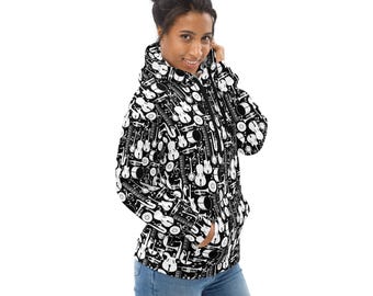 Music Instruments Printed Pullover Hoodie, Casual Streetwear Hoodie with Pockets, Cozy Fashion Loungewear Hoodies, Music Lover Gift, Unisex